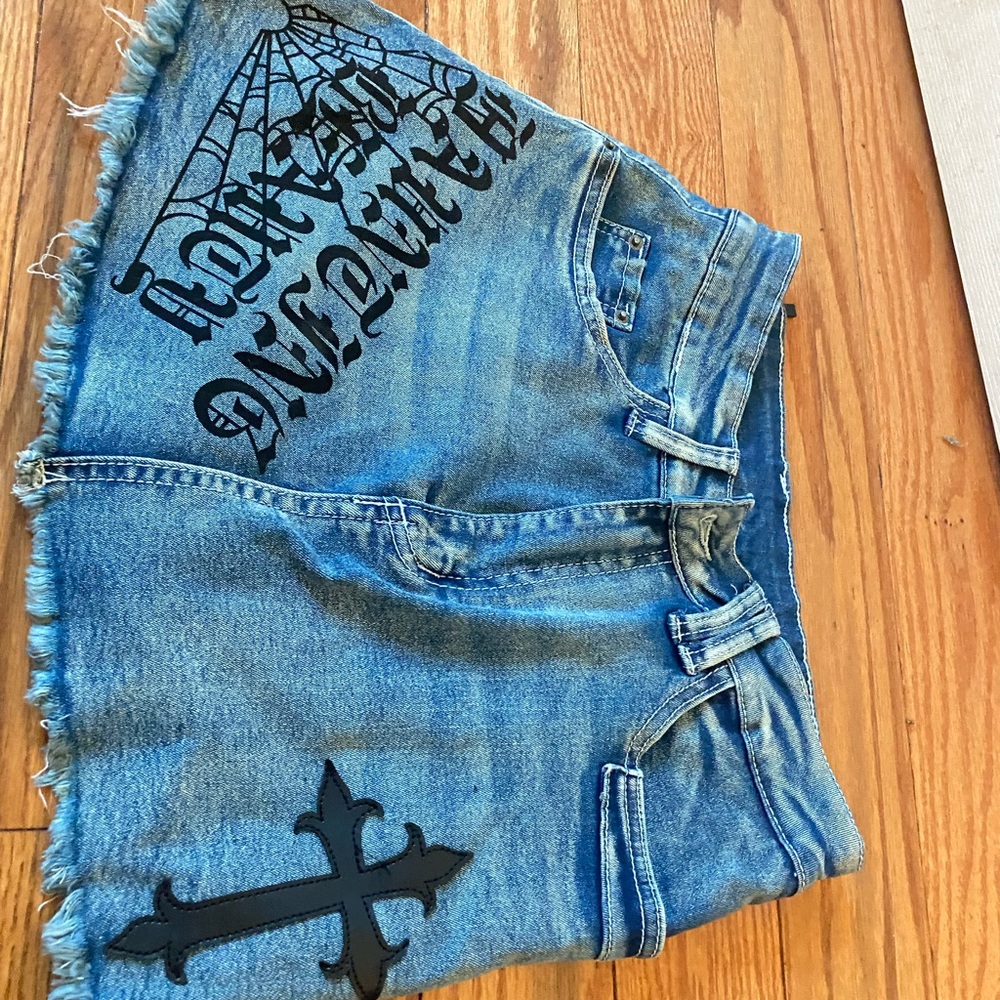 Blue Denim Shorts with Black Gothic Print